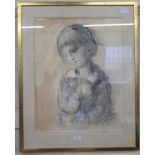 Late 20th century British School Half length study of a girl Charcoal and white Indistinctly