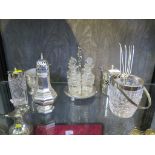 A sugar sifter and jam pot, a cruet on stand, swing handle basket, all plate