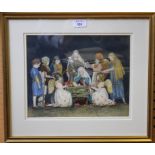 Coloured print of children dressed in costumes depicting the nativity, 29cm x 23cm