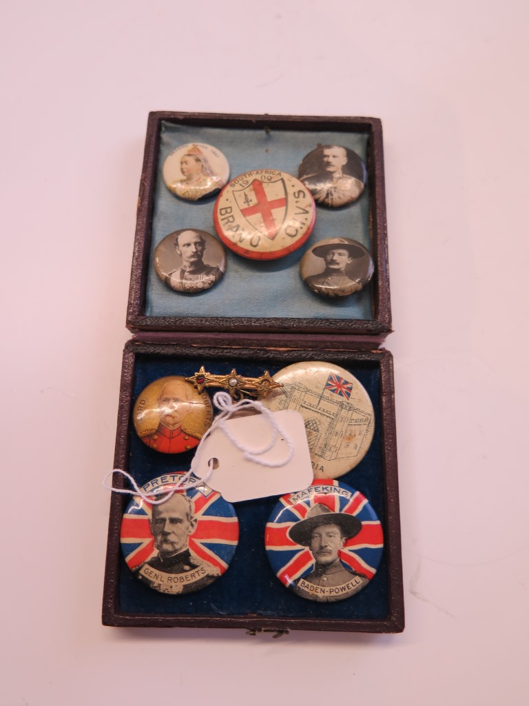 Ten Boer War pin badges, rare examples, depicting General Roberts, Baden-Powell etc.