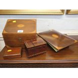 A mahogany inlaid stationery box and blotter, inlaid with patera, and various other boxes