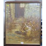 Arthur Chadwick Pots of flowers by a stable door Oil on canvas mounted on board, signed 60cm x 50cm