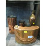 A large copper hip shaped flask 21.5cm long, two cylindrical flasks and two copper vases