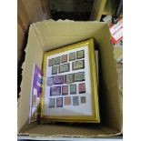 Various boxes of loose stamps and coins, stamp collecting books, and various framed stamps and