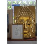 A giltwood panel carved with a Buddhist figure 76cm x 50cm and two reproduction prints of Sir