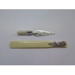 Two bookmarks, silver 925 trowel with mother of pearl handle and a miniature page turner ivory