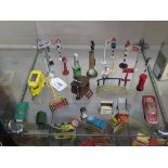 Diecast toy street furniture by various makers and a Dinky Toy grass cutter (28)