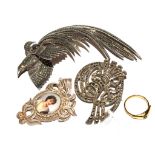 Two silver marquisette brooches, together with a silver brooch having a porcelain plaque to the