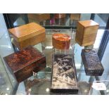 Six wood boxes including an Oriental mother of pearl inlaid black lacquer box, 8cm to 17cm (6)