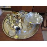 A large Eastern brass circular tray 58cm diameter, and various other brasswares and white metal