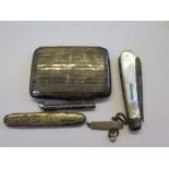 A silver cigarette case, a silver toothpick, a silver penknife, etc