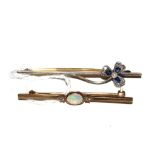 A sapphire and diamond set three leaf clover bar brooch together with an opal and diamond bar
