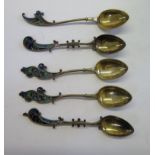 A set of five silver spoons with plique azur decoration