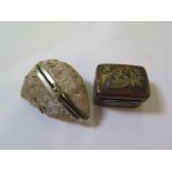 A Japanese Shakudo box decorated with fans, cranes, etc and an agate cut in two halves with a