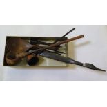Various treen spoons and African ebony skewers and paper knives