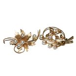 Two 14 carat gold brooches set with cultured pearls