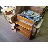 A pine wall shelf, CD rack and two tier trolley on castors (3)
