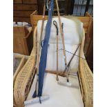 A pair of Salters & Son polo mallets, various riding crops, a boot horn and a fishing rod