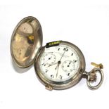 An open face silver pocket watch with two sub dials and a centre second sweep, 5.5cm diameter