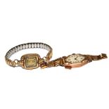 Two ladies 9 carat gold wristwatches on metal bracelets