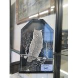 A good reverse carved lucite acrylic desk paperweight depicting an owl seated on a branch, signed