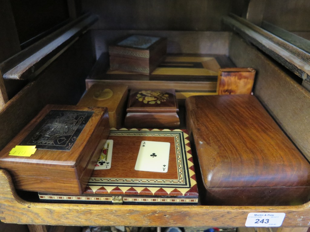 Eight boxes including playing card, straw and Sorrento inlaid boxes