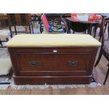 A mahogany box seat, converted from a Victorian wardrobe, the upholstered seat over a long drawer on