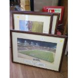 Three prints depicting Wembley (England V Germany September 1991), the Dell and Highbury Stadiums (