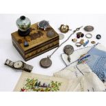 A SILVER BACKED DOLLS MIRROR, a silver pocket watch, a Timex wrist watch, WW1 Christmas card table