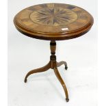 A VICTORIAN CIRCULAR TRIPOD TABLE with inlaid sunburst crossbanding parquetry decoration, 58cm