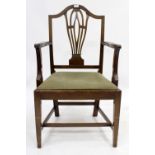 A GEORGE III MAHOGANY ELBOW CHAIR with pierced splat and inset green upholstered seat, 58cm wide
