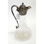 A VICTORIAN BIRMINGHAM SILVER MOUNTED ETCHED GLASS CLARET JUG with foliate decoration and finial,