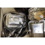 A LARGE BOX OF SILVER PLATE including tray, matching serving dishes, bowl, cutlery and a boxed set