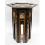 A MIDDLE EASTERN ABALONE SHELL INLAID OCTAGONAL OCCASIONAL TABLE, 35cm wide x 47cm high