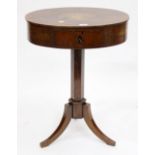 A MAHOGANY MARQUETRY INLAID NEEDLEWORK TABLE on tripod splay base, 76cm high