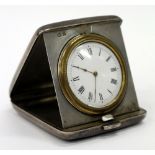 A BIRMINGHAM SILVER CASED POP UP TRAVELLING CLOCK, 7cm high