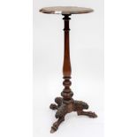 A VICTORIAN WALNUT TRIPOD TABLE with a circular marquetry top standing on goat hoof feet, 74cm high