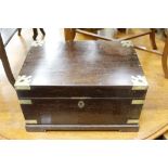 AN INDIAN BRASS BOUND HARDWOOD DRESSING BOX with compartments inside, 24cm x 42cm x 89cm