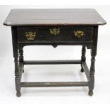 AN ANTIQUE OAK SIDE TABLE topped with re-entrant corners over a single frieze drawer, 88cm wide x