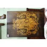 A VICTORIAN MARQUETRY PANEL and a collection of objects in a variety of stained woods, signed J