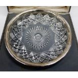 A 800 SILVER MOUNTED GLASS BOWL in presentation case, 30cm across