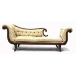 A 19TH CENTURY STYLE BUTTON UPHOLSTERED CHAISE LONGUE with scrolling supports, 203cm long