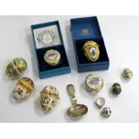 A SELECTION OF HALCYON DAYS TRINKET BOXES, novelty eggs, silver plated spoon etc