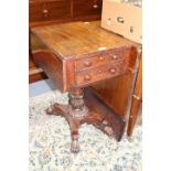 A GEORGE IV MAHOGANY WORK TABLE with fitted drawer and leaf carved ornament, 79cm wide x 57cm deep