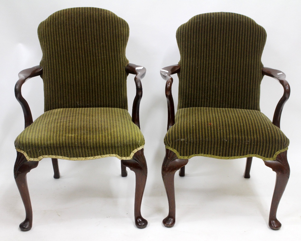 A PAIR OF GEORGIAN STYLE OPEN ARMCHAIRS with shepherds crook arms and striped green upholstery, 62cm