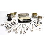 A SELECTION OF LONDON SILVER ITEMS to include a cream jug, sugar tongs, tea spoons, dressing table