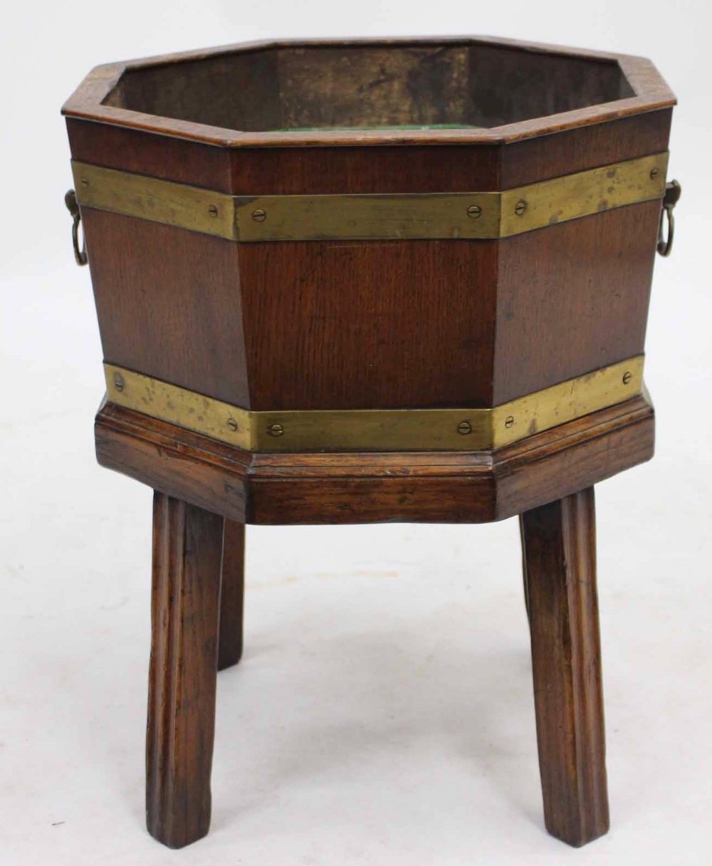 AN 18TH CENTURY STYLE OAK AND BRASS BOUND OCTAGONAL COOLER 49cm high