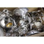 A LARGE SELECTION OF SILVER PLATE AND EPNS WARE including coffee cups, tea pots, candle sticks,