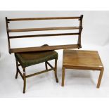 A SMALL GORDON RUSSELL OCCASIONAL TABLE 52.5cm wide, an Ercol plate rack and a Lloyd Loom stool (3)