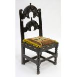 A 17TH CENTURY OAK DERBYSHIRE CHAIR, an 18th Century oak side chair, an 18th Century side chair with